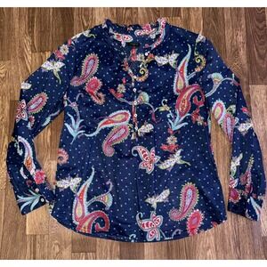 Talbots Petite‎ Paisley Print Ruffle Neck Long Sleeve Button Up Blouse